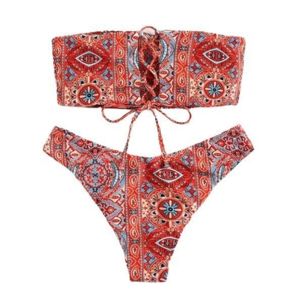 Boho Bandeau Bikini Gypsy Print Red Orange Swim - Picture 2 of 2